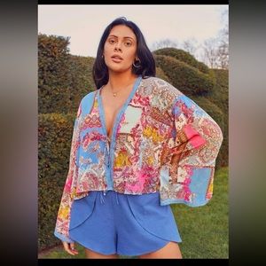 SHEIN Lace Trim Knot Front Scarf Print Kimono